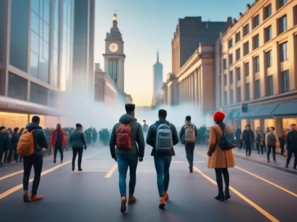 Vibrante escena urbana en una ciudad universitaria, con estudiantes y arquitectura futurista