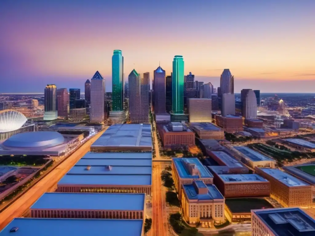 Horizonte de Dallas al anochecer: crecimiento y dinamismo urbano Vibrante escena urbana de Dallas al anochecer, con rascacielos iluminados