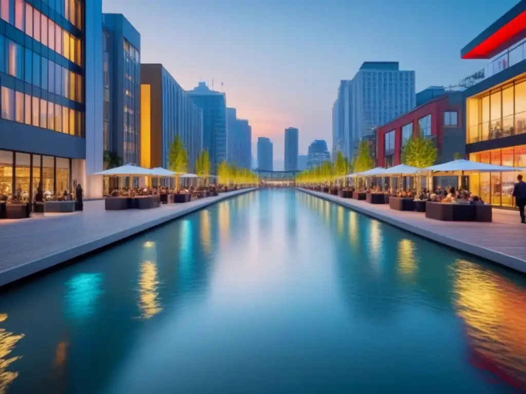 Escenario urbano vibrante al anochecer: luces, comercios y diversión Vibrante escena urbana al anochecer en un desarrollo mixto moderno, reflejando la integración exitosa de vivienda, comercio y ocio