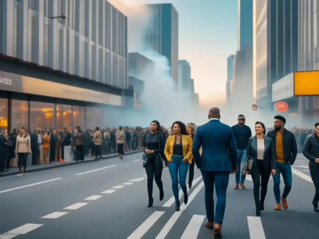 Escena urbana vibrante: diversidad y energía en la ciudad Vibrante escena urbana con diversidad de personas y modernos edificios en fondo