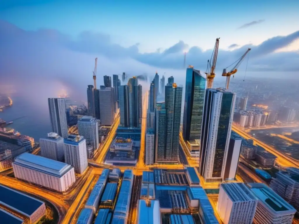 Metrópolis en crecimiento: modernidad y energía urbana Vibrante escena urbana en economía emergente: rascacielos modernos, autopistas con vehículos veloces y grúas construyendo