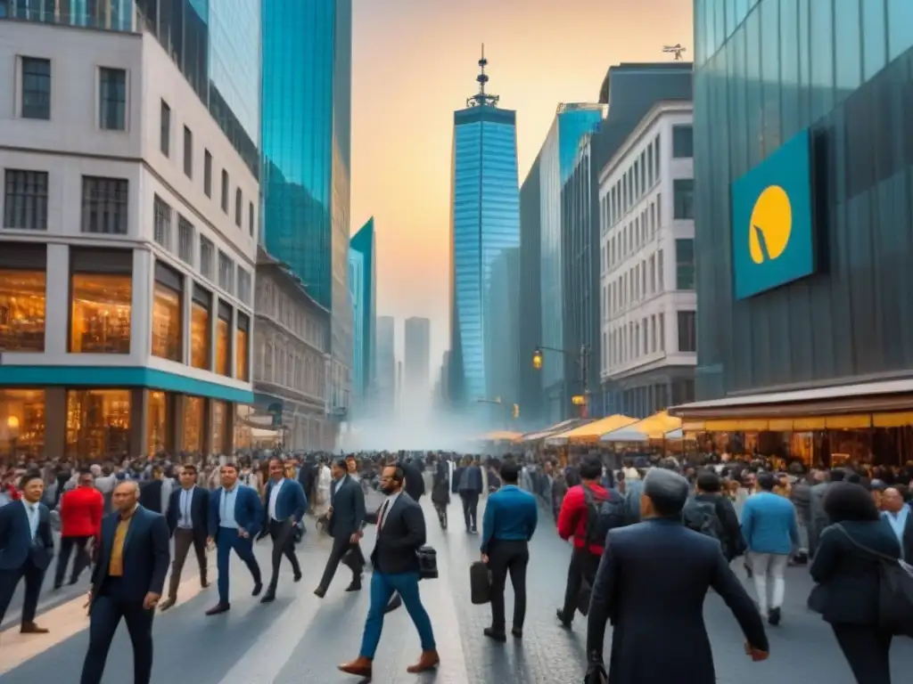 Vibrante escena urbana en economía de transición con arquitectura tradicional y rascacielos modernos, gente diversa en negocios e inversiones