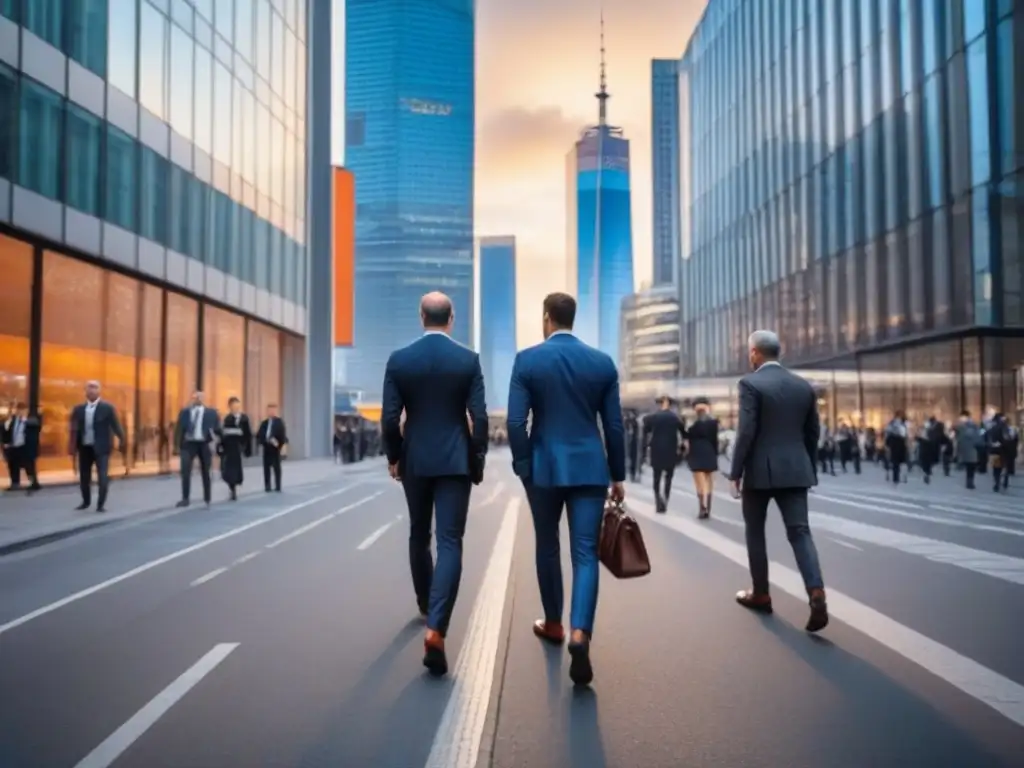 Escena cosmopolita al atardecer en distrito financiero - Impacto de Brexit en inversión inmobiliaria en Europa Vibrante escena urbana europea al atardecer, con rascacielos iluminados y profesionales en un distrito financiero