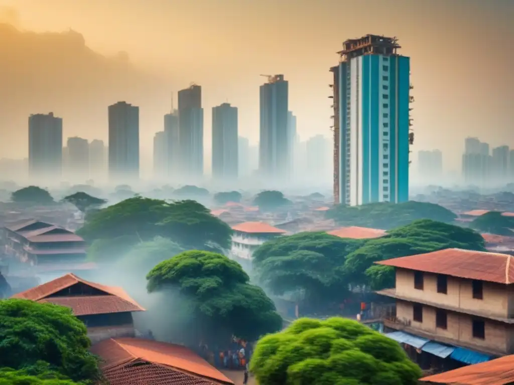 Vibrante escena urbana en India: trabajadores renovando edificio histórico entre modernos rascacielos