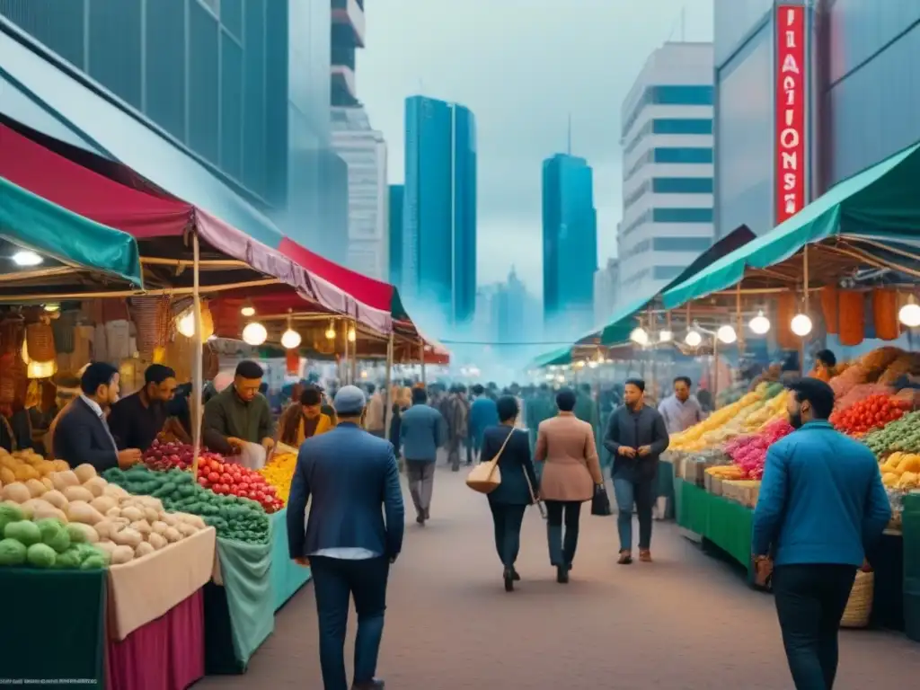 Metrópolis vibrante: inversión en mercado emergente Vibrante escena urbana en mercados emergentes con rascacielos, calles concurridas y puestos de mercado
