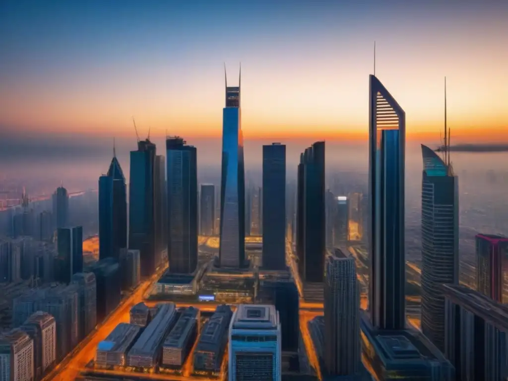 Metrópolis emergente: Oportunidades y networking al atardecer Vibrante escena urbana en mercados emergentes con profesionales y arquitectura moderna
