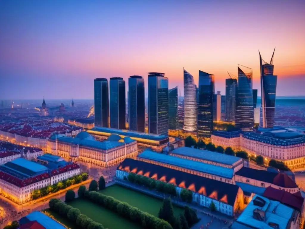 Skyline futurista en Europa del Este al anochecer Vibrante escena urbana al anochecer en Europa del Este, con modernos rascacielos y edificios históricos iluminados