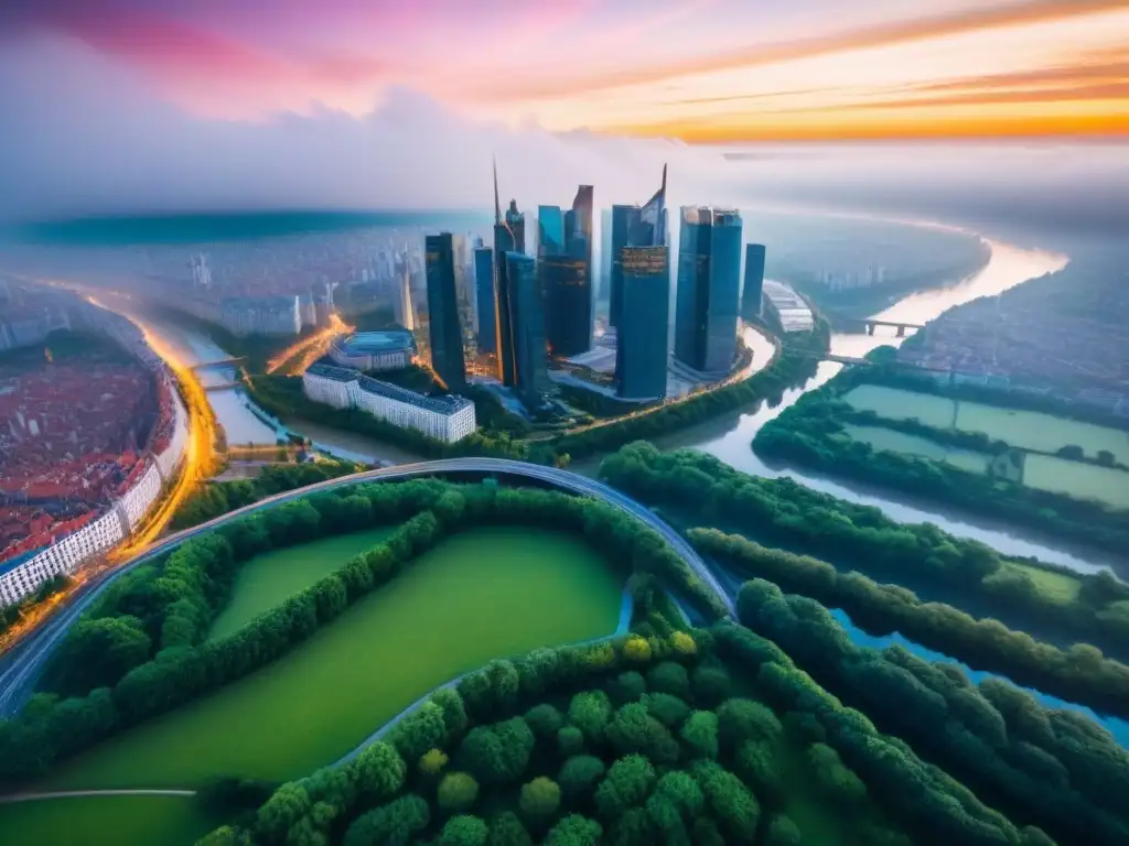 Skyline moderno y vibrante en Europa del Este: inversión inmobiliaria Vibrante escena urbana en Europa del Este con rascacielos, parques y ríos, reflejando la inversión inmobiliaria en la región
