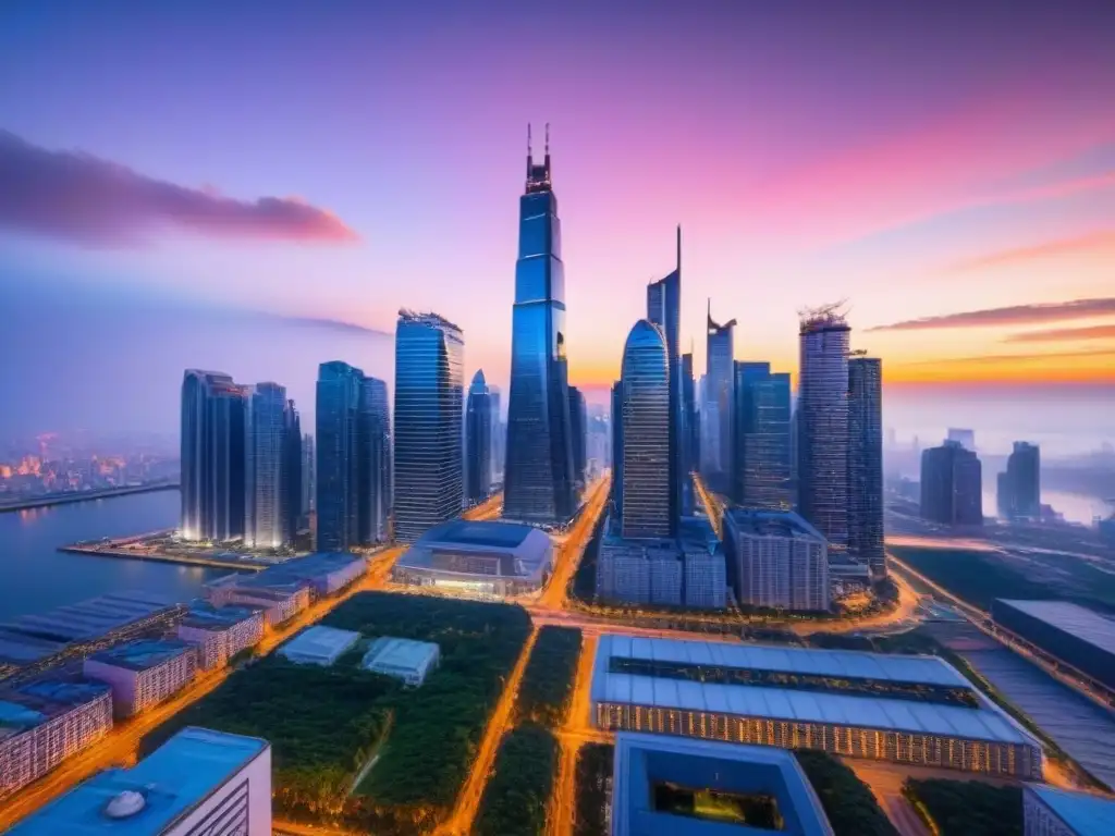 Metrópolis futurista: skyline urbano iluminado al anochecer Vibrante escena urbana al anochecer con rascacielos iluminados, simbolizando las mejores inversiones inmobiliarias en tiempos de inflación
