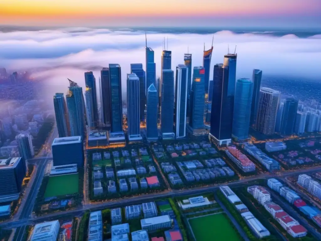 Inversión inmobiliaria global: panorama urbano vibrante Vibrante escena urbana con rascacielos modernos, propiedades inmobiliarias y espacios verdes para inversionistas globales en REITs
