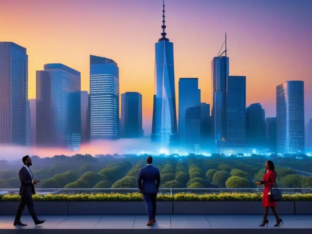 Horizonte urbano dinámico: innovación en bienes raíces comerciales Vibrante escena urbana con rascacielos al atardecer y profesionales discutiendo sobre inversiones inmobiliarias comerciales crisis global
