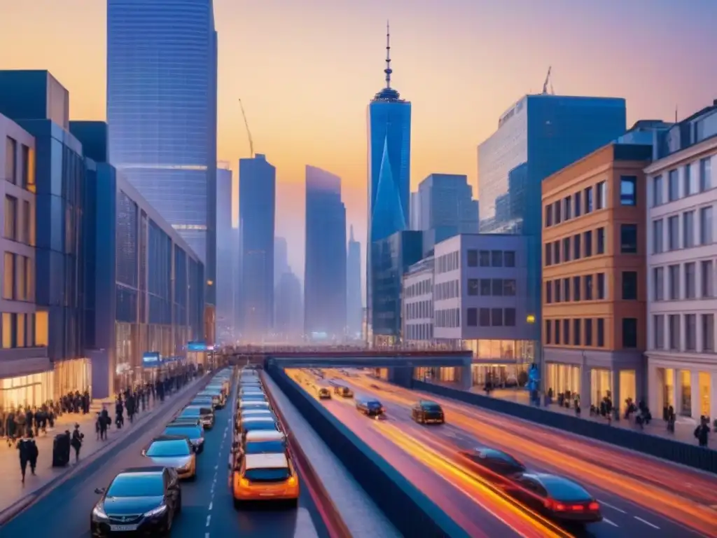 Inversión global en bienes raíces: ciudad dinámica al anochecer Vibrante escena urbana al anochecer con rascacielos iluminados, calles llenas de vida y cielo de colores cálidos