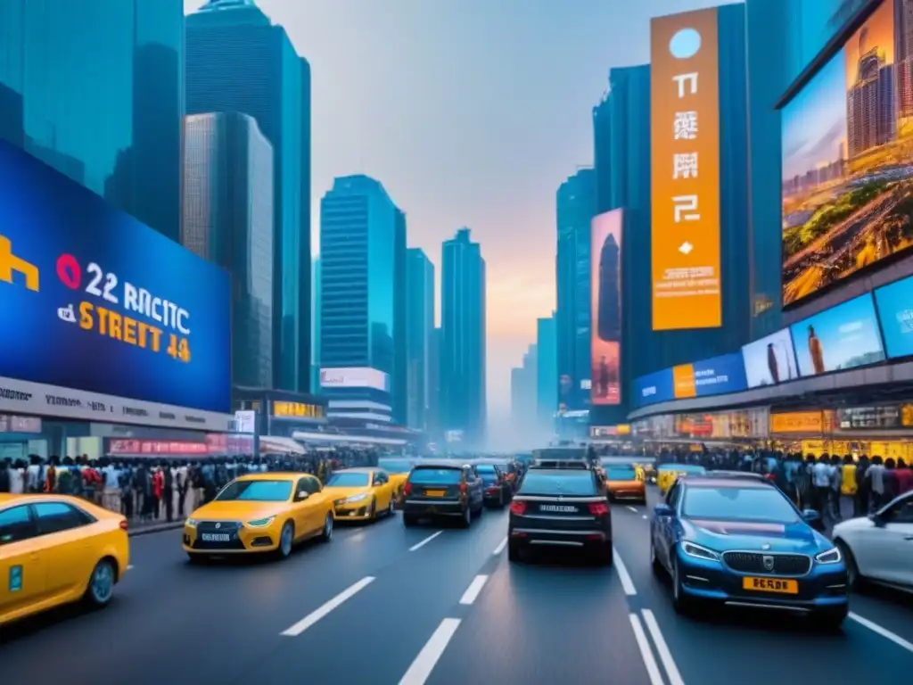 Inversión inmobiliaria en África: metrópolis vibrante y próspera Vibrante escena urbana en África con rascacielos, gente de negocios y pantallas digitales de inversión, ideal para la inversión inmobiliaria en África