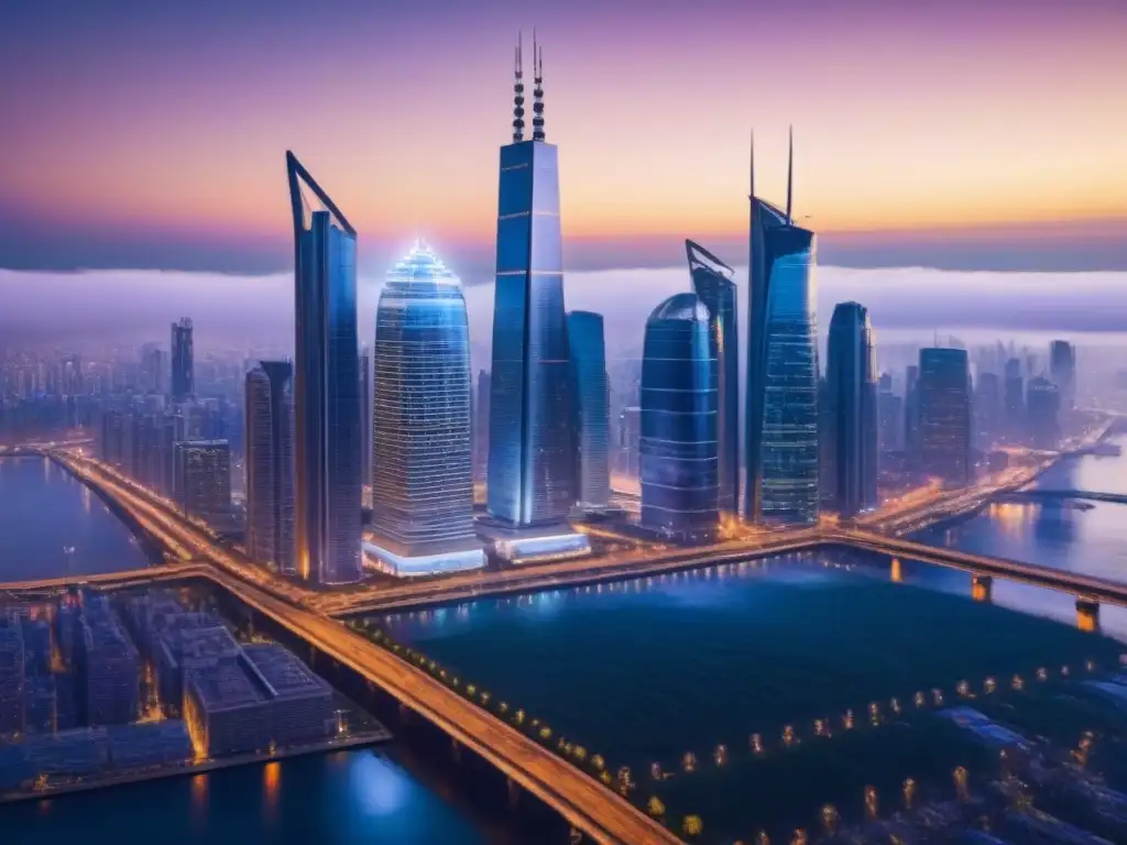 Inversión global: ciudad futurista al atardecer Vibrante escena urbana al anochecer con rascacielos iluminados y profesionales en discusión