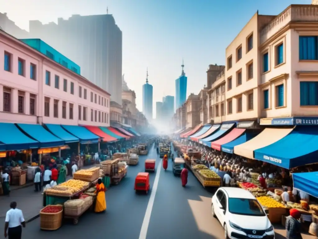 Vibrante ciudad africana: rascacielos, calles bulliciosas y mercados Vibrante escena urbana en África Subsahariana con rascacielos modernos y bulliciosos mercados bajo un cielo azul brillante