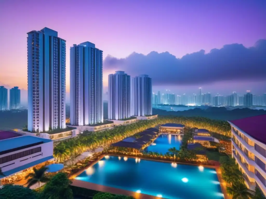 Vibrante ciudad asiática al atardecer: luces, arquitectura y lujo Vibrante escena urbana en el Sudeste Asiático al atardecer, con rascacielos iluminados