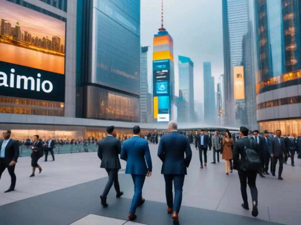 Centro financiero global: innovación y conectividad Vibrante escena de una zona financiera global, con rascacielos modernos, profesionales activos y datos financieros en pantallas digitales