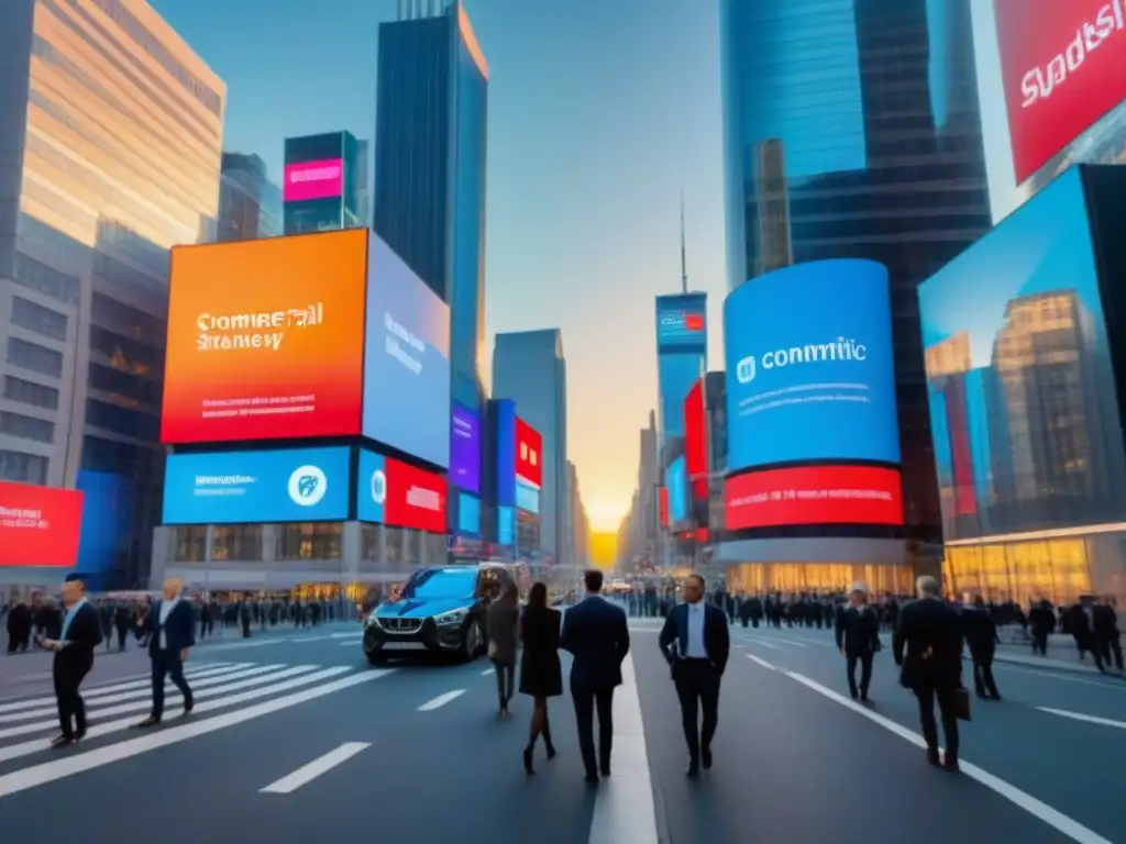 Escena urbana: Inversiones estratégicas en la ciudad de los negocios Un vibrante escenario de inversión inmobiliaria internacional en una concurrida esquina de la ciudad, con profesionales de negocios y pantallas digitales mostrando oportunidades de mercado, bañado por la luz del sol poniente