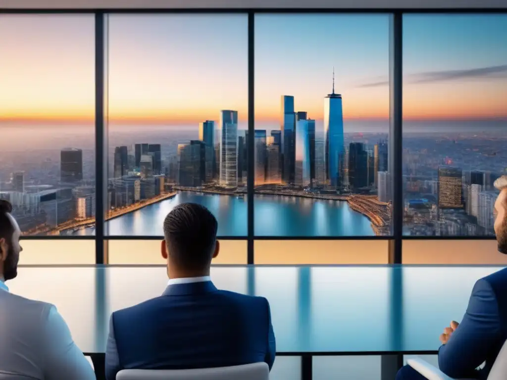 Inversionistas globales: escena inmobiliaria ultradetallada en 8k Un vibrante escenario del mercado inmobiliario internacional, destacando la colaboración y la toma de decisiones basada en datos