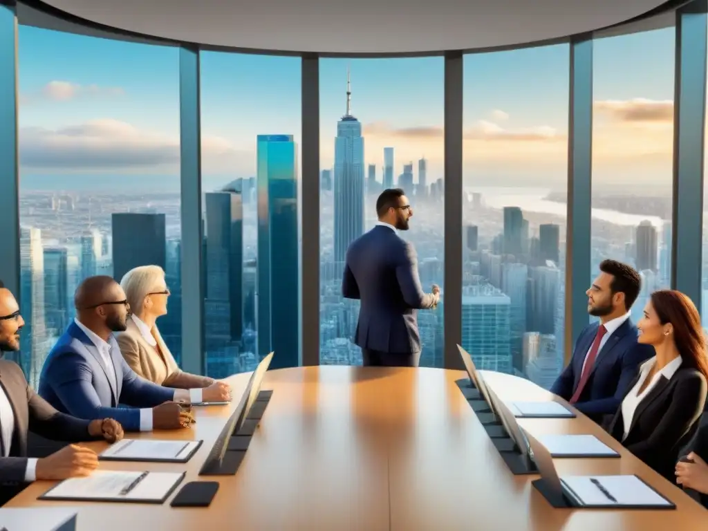 Escena vibrante de inversores en mercado inmobiliario internacional Un vibrante escenario de oportunidades en el mercado inmobiliario internacional, con inversores negociando en una sala de conferencias moderna