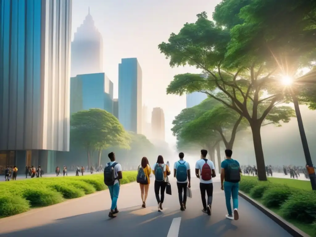 Exploración académica en la ciudad moderna Un vibrante escenario urbano donde estudiantes disfrutan de animadas conversaciones en un bullicioso bulevar arbolado