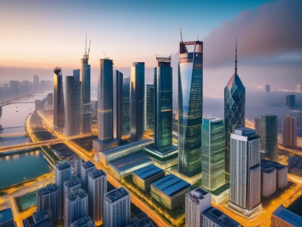 Vibrante escena urbana: inversión inmobiliaria internacional bajo regulaciones gubernamentales Un vibrante escenario urbano al anochecer, reflejando el impacto de las políticas en la inversión inmobiliaria internacional