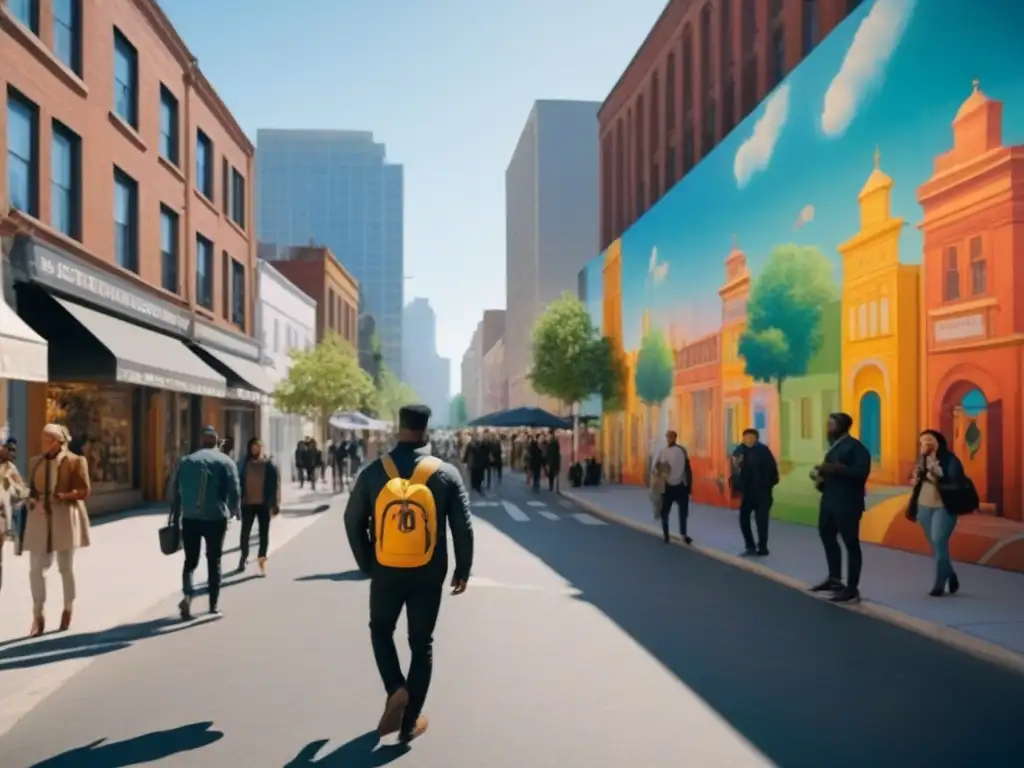 Muralismo urbano: revitalización vibrante en la ciudad Un vibrante escenario urbano con murales coloridos en edificios, reflejando la revitalización urbana y la diversidad cultural