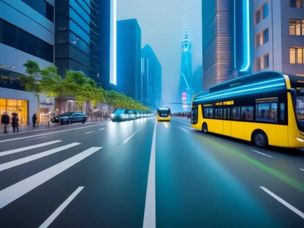 Metrópolis nocturna: innovación y eficiencia en una ciudad inteligente Vibrante escenario urbano nocturno de ciudades inteligentes con rascacielos iluminados y transporte futurista