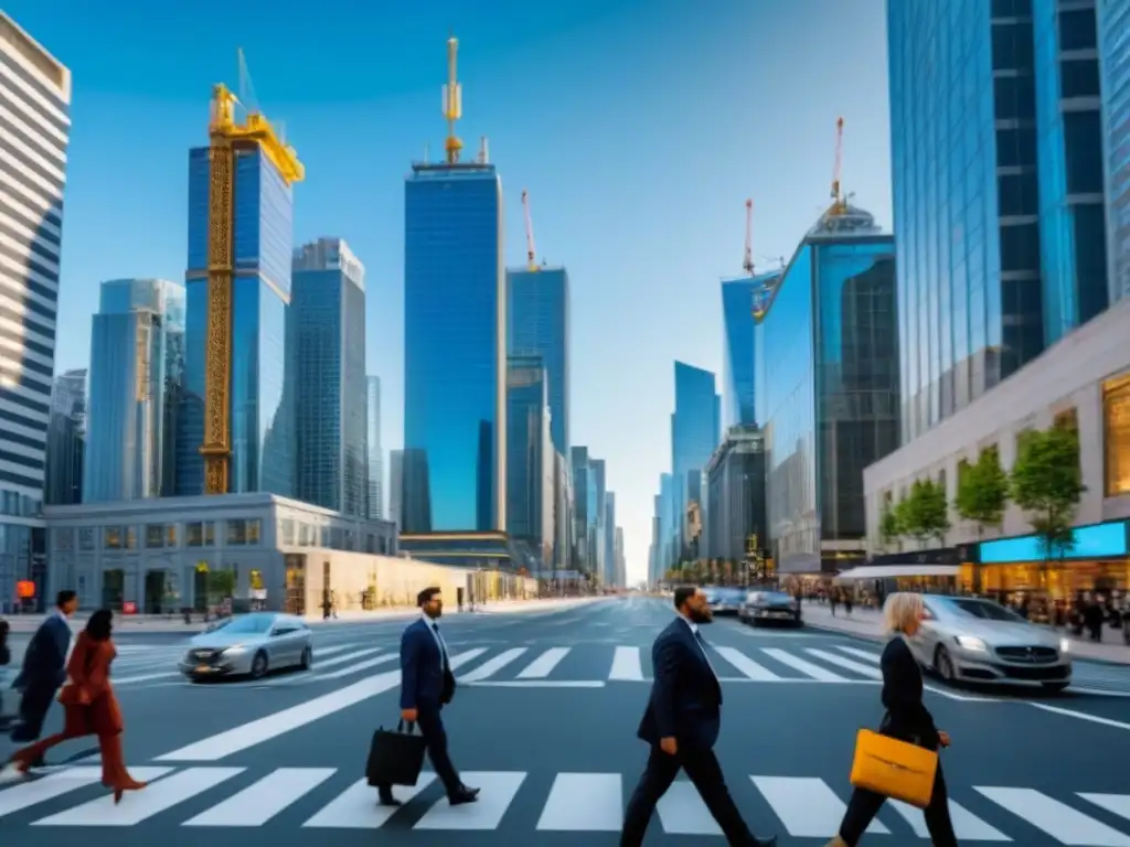 Mercado inmobiliario en auge: profesionales confiados en una ciudad moderna Un vibrante escenario urbano con profesionales y datos de inversión inmobiliaria, reflejando la recuperación de mercados locales
