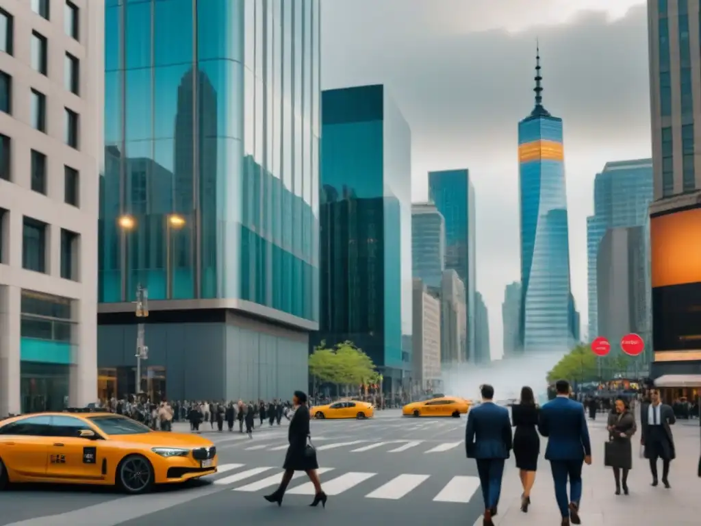 Oficina en venta: ajetreo urbano y modernidad en la ciudad Un vibrante escenario urbano con rascacielos modernos y un edificio de oficinas en venta, reflejando el mercado inmobiliario
