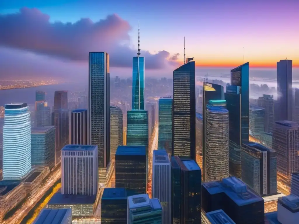 Metrópolis nocturna: Inversiones inmobiliarias globales Un vibrante escenario urbano al anochecer con rascacielos relucientes y ejecutivos discutiendo estrategias para 'Maximizar ganancias mediante derechos propiedad'