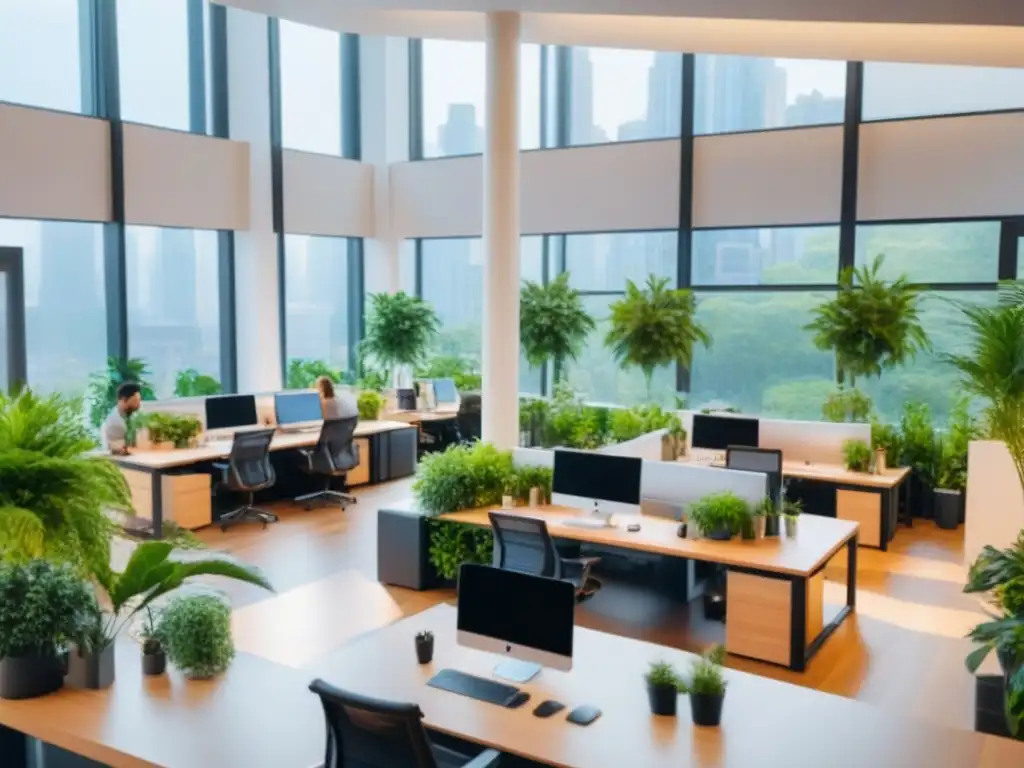 Espacio de coworking innovador y colaborativo Un vibrante espacio colaborativo internacional con profesionales diversos trabajando en un entorno moderno y lleno de luz natural