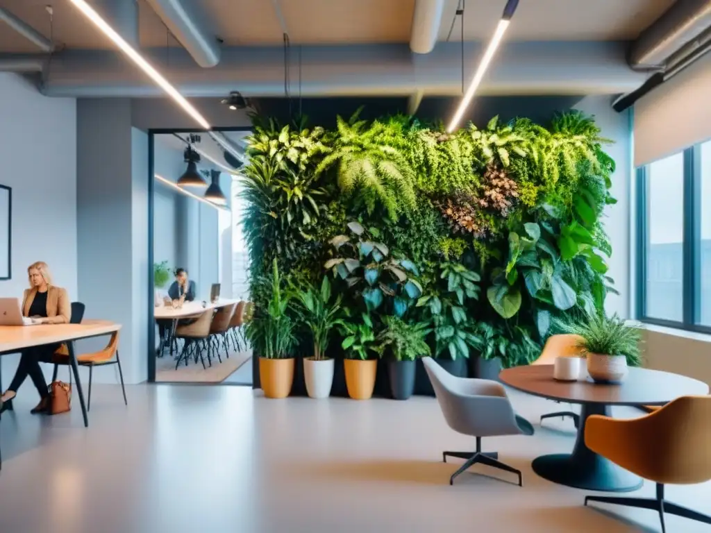 Coworking moderno con plantas verdes y profesionales colaborando Un vibrante espacio colaborativo internacional con diseño moderno y vegetación exuberante
