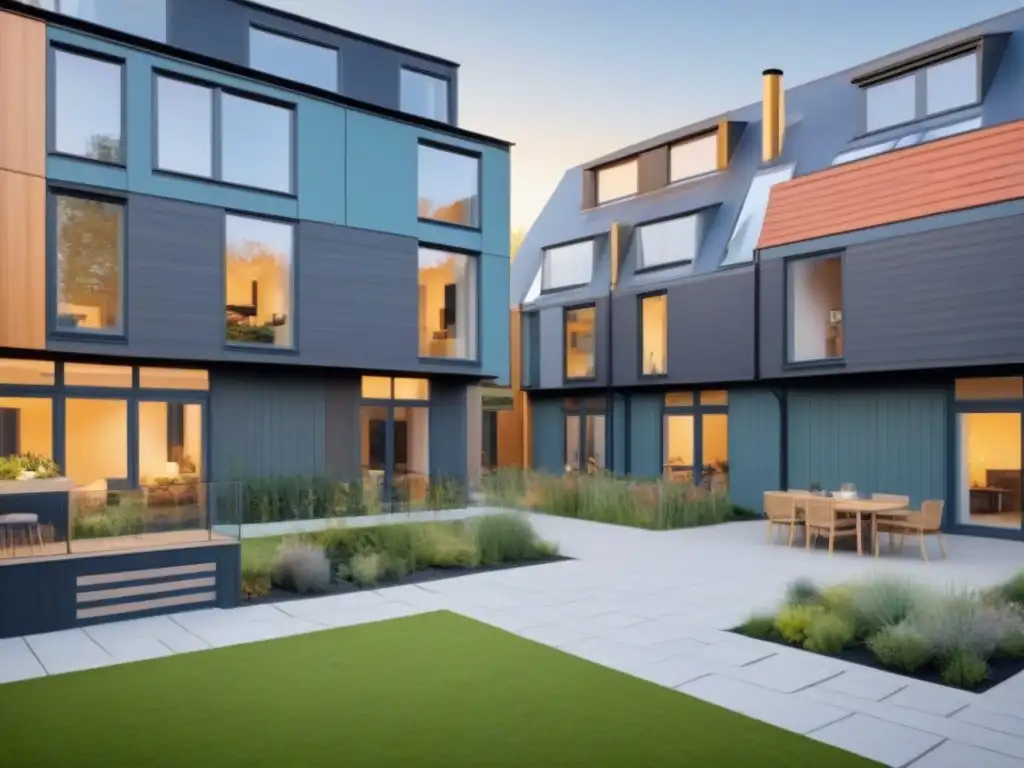 Comunidad de cohousing internacional: convivencia moderna y colaborativa Un vibrante espacio comunitario en un moderno diseño arquitectónico de un cohousing internacional, mostrando los beneficios fiscales del cohousing