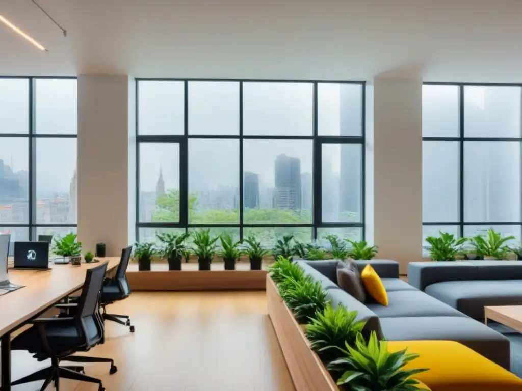 Espacio de coworking moderno y vibrante en el centro de la ciudad Un vibrante espacio coworking en el centro de una bulliciosa ciudad, lleno de luz natural y tecnología de vanguardia