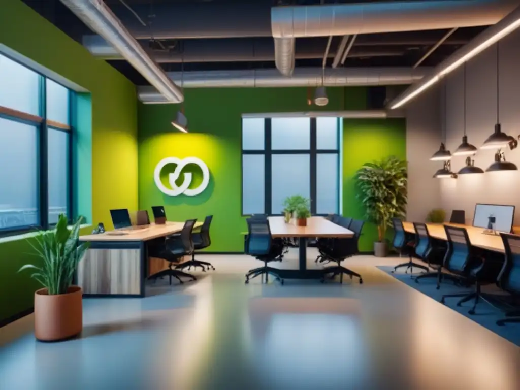 Espacio de coworking sostenible: productividad, creatividad y comunidad Un vibrante espacio coworking con diseño sostenible y diversidad de profesionales colaborando en áreas abiertas, salas de reuniones y cocina comunal