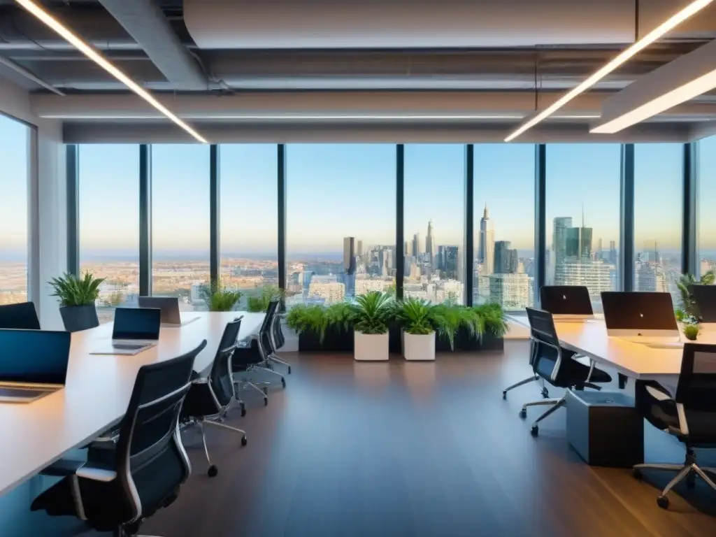 Espacio coworking vanguardista: colaboración, tecnología y plantas verdes Un vibrante espacio coworking con diseño moderno, profesionales colaborando en un entorno vanguardista