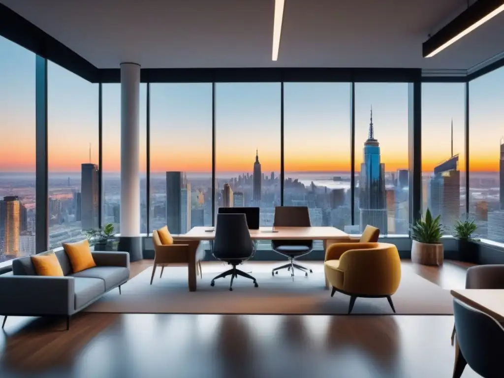Espacio de Coworking de Lujo: Innovación y Éxito en un Entorno Dinámico Un vibrante espacio de coworking internacional, lleno de innovación y éxito, con vista panorámica a la ciudad