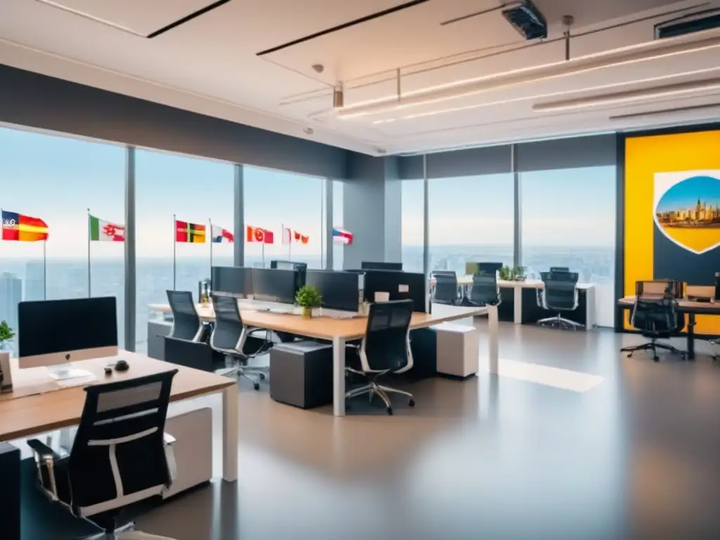 Oficina coworking internacional con diseño moderno y diversidad profesional Un vibrante espacio coworking internacional con profesionales diversos, banderas y mapa mundial, iluminado por amplias ventanas