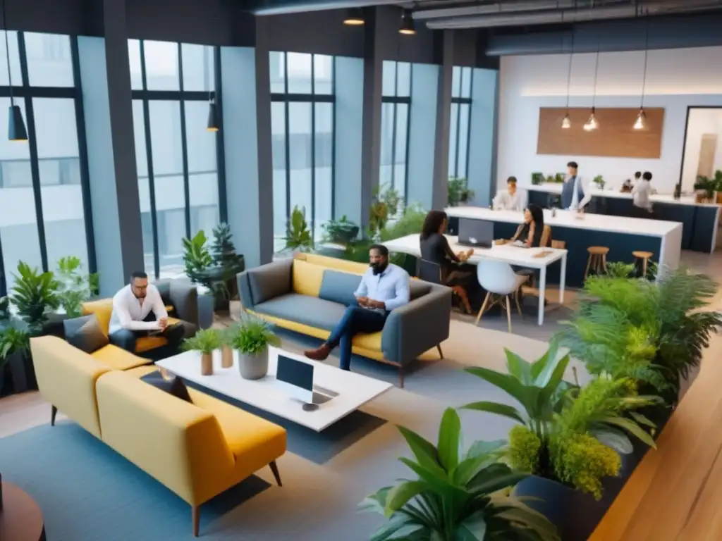 Espacio de coworking vibrante y colaborativo en la ciudad Un vibrante espacio de coworking internacional, lleno de profesionales colaborando en un ambiente moderno y luminoso