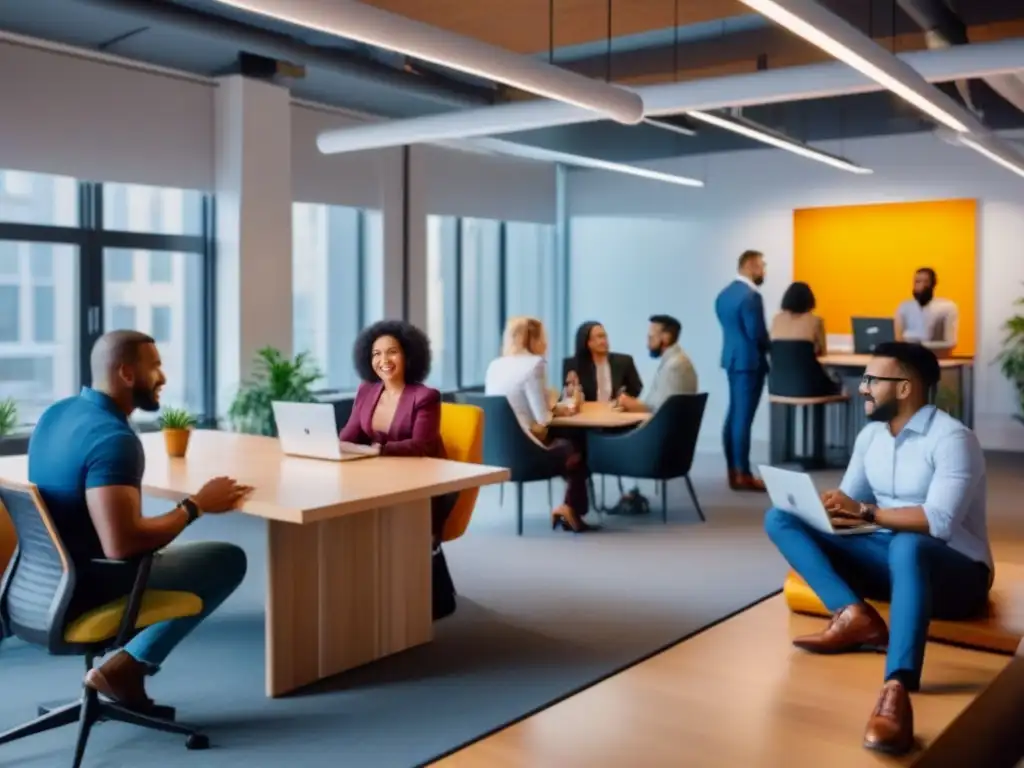 Espacio de coworking dinámico y colaborativo: networking entre profesionales diversos Un vibrante espacio de coworking lleno de profesionales diversos disfrutando de beneficios networking