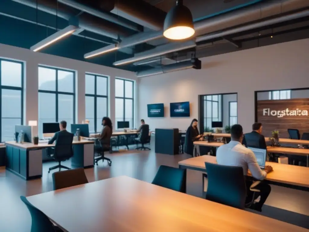 Espacio de coworking creativo y colaborativo con diseño moderno y luminoso Un vibrante espacio de coworking, lleno de profesionales diversos colaborando y compartiendo ideas en un ambiente creativo y productivo