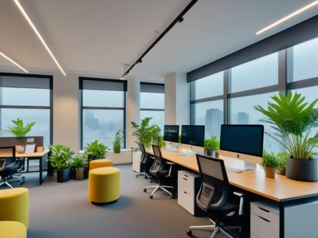 Espacio de coworking moderno y productivo con plantas verdes y luz natural Un vibrante espacio de coworking con mobiliario minimalista, plantas verdes y profesionales colaborando, ideal para rentabilidad e inversión