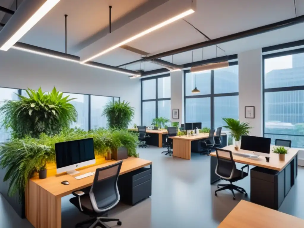 Espacio de coworking innovador y creativo para profesionales diversos Vibrante espacio coworking con profesionales colaborando en estaciones de trabajo minimalistas bajo un techo decorado con vegetación colgante