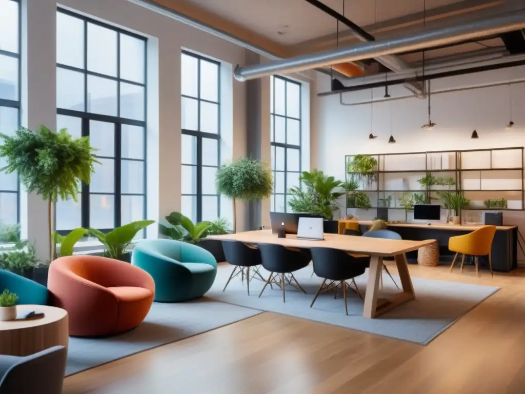 Espacio de coworking vibrante y creativo Un vibrante espacio de coworking con profesionales colaborando y trabajando en laptops, decoración elegante y plantas verdes