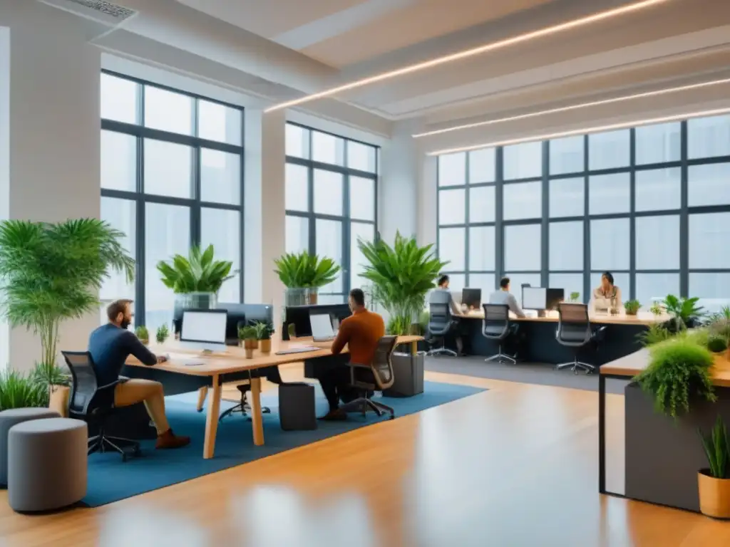 Espacio de coworking vibrante y colaborativo Un vibrante espacio de coworking con profesionales colaborando, inundado de luz natural y mobiliario moderno