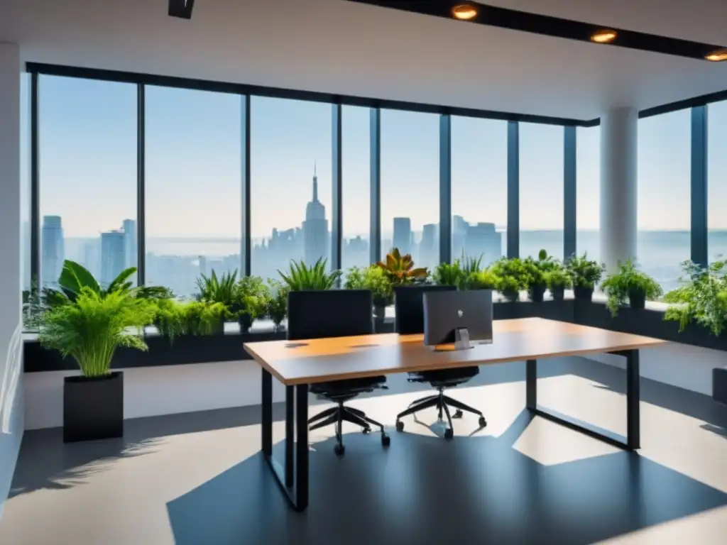 Espacio de coworking moderno con profesionales colaborando Un vibrante espacio de coworking con profesionales colaborando, mobiliario ergonómico, plantas y ventanales, pantalla digital con datos de mercado