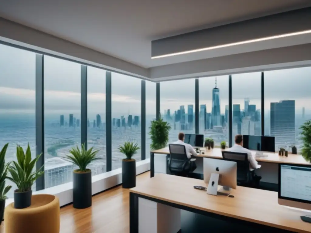 Oficina coworking 8k en rascacielos: ambiente innovador y colaborativo Un vibrante espacio coworking en un rascacielos de ciudad moderna, donde profesionales colaboran en un ambiente innovador y productivo