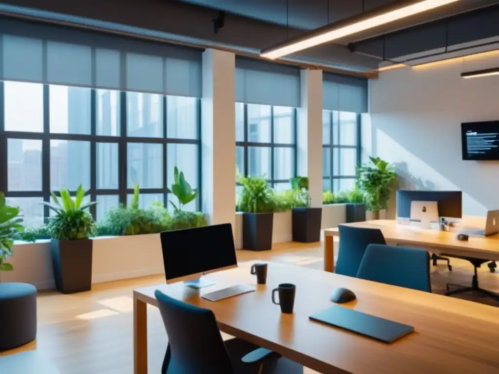 Espacio de coworking dinámico y vibrante para eventos y networking Un vibrante espacio de coworking con servicios adicionales, donde profesionales colaboran en un ambiente moderno y lleno de energía