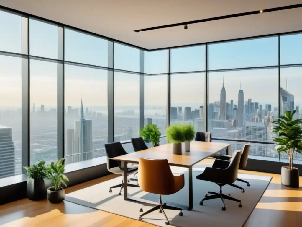 Oficina moderna y colaborativa con influencers inmobiliarios Un vibrante espacio de oficina moderno con influencers inmobiliarios colaborando en estrategias